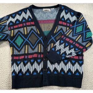 Vintage Gabrielle Cardigan  Sweater Mens Black Geometric Cozy Grandpa Fair Isles